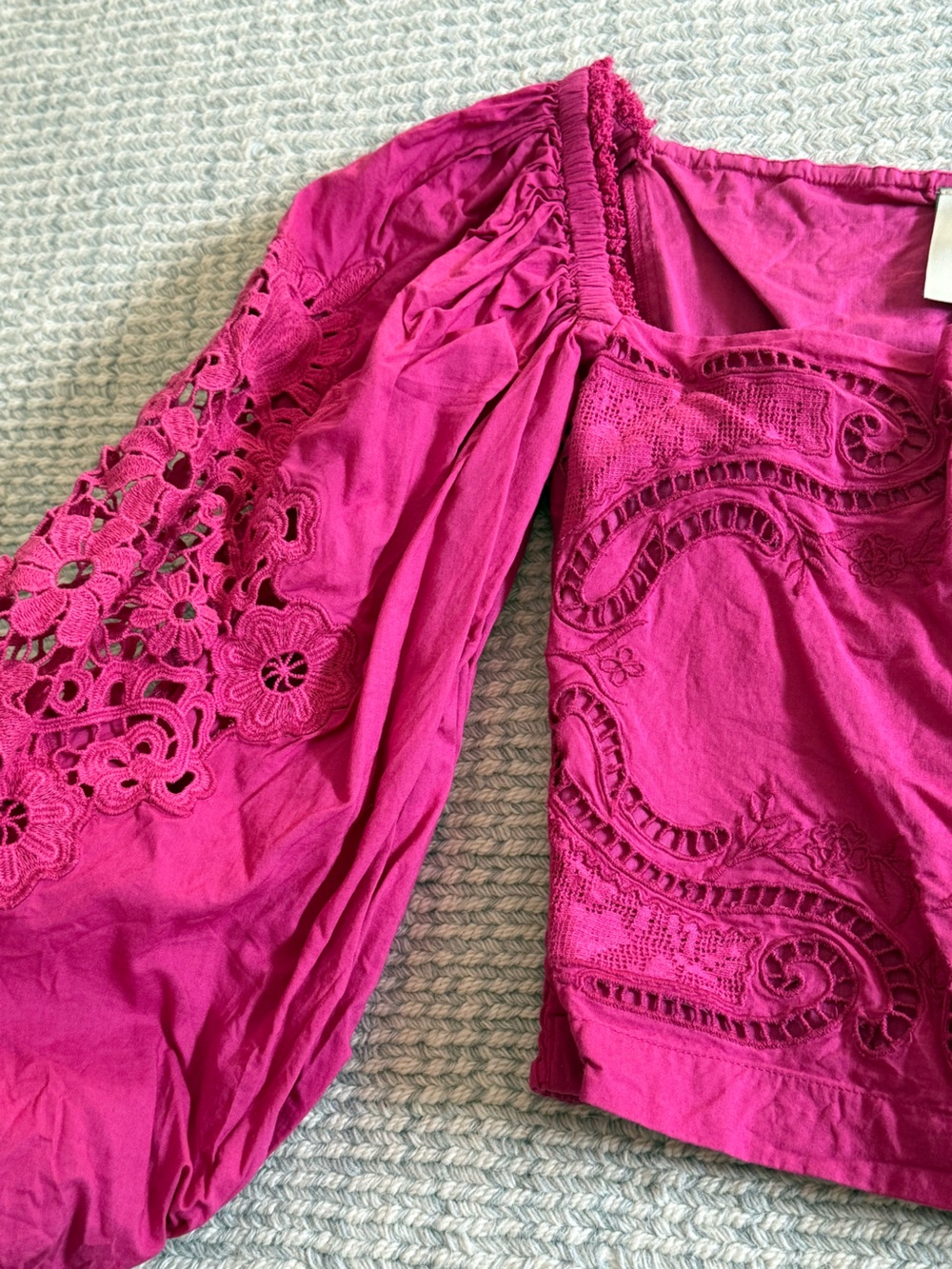 FARM Rio Fuchsia Embroidered Square-Neck Puff Sleeve Crop Top - Picture 6 of 6